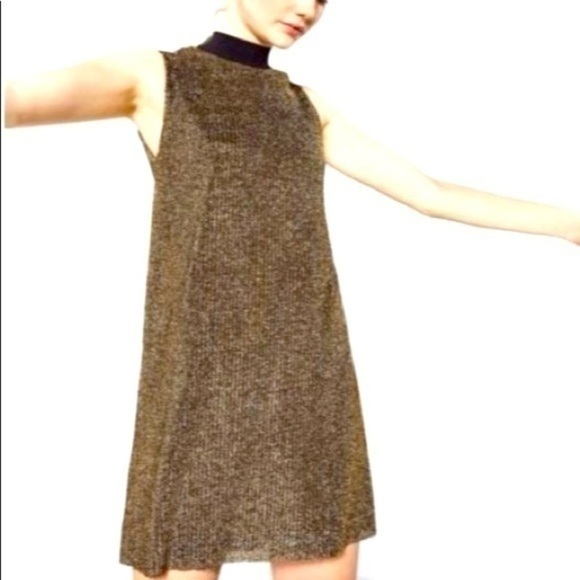 Zara Dresses & Skirts - ZARA TRAFALUC Gold Metallic Mini Shift Dress Mock Neck